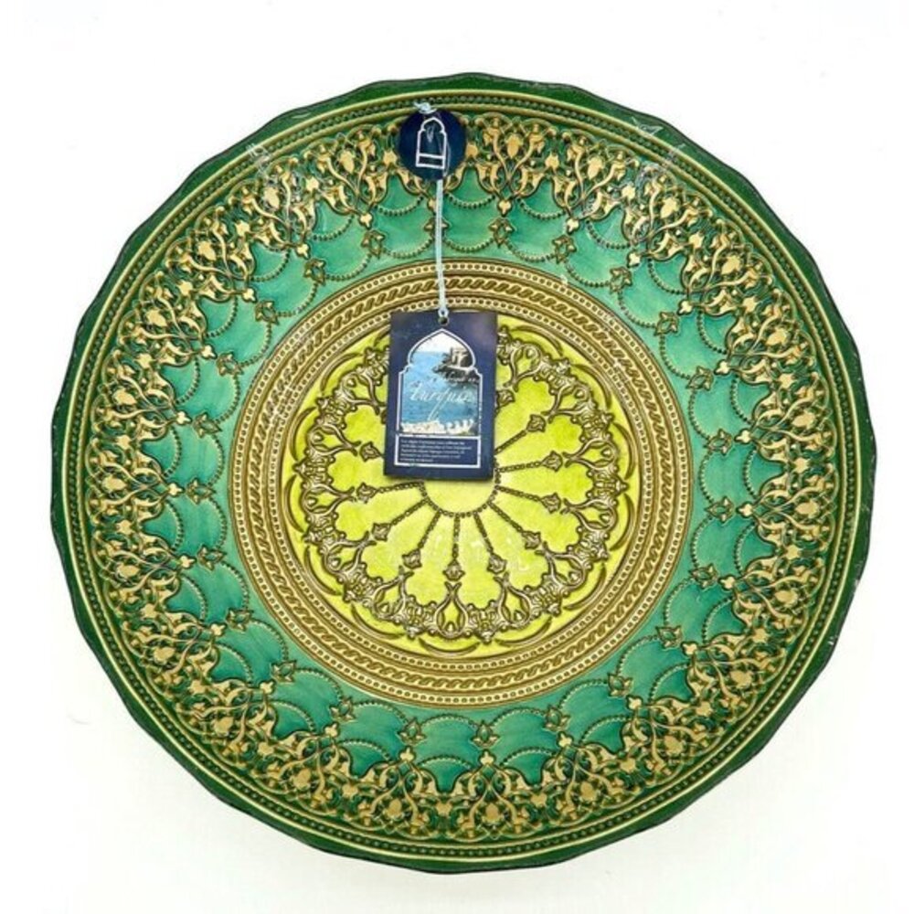 Turkish Glass Round Bowl Serving Salad Gold Lace Green 12" Wide 2.75" Deep